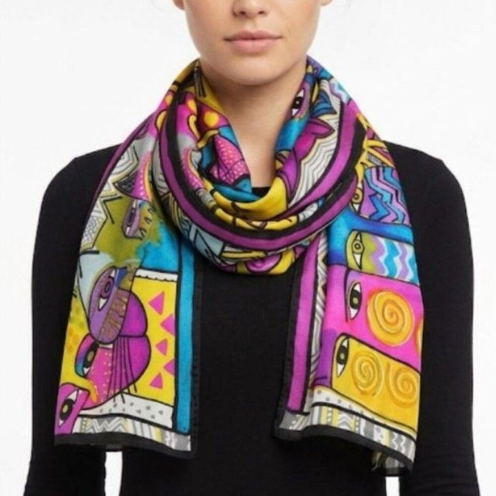 Laurel Burch Vibrant Multicolor Abstract Cat Print 100% Silk Rectangle Scarf
